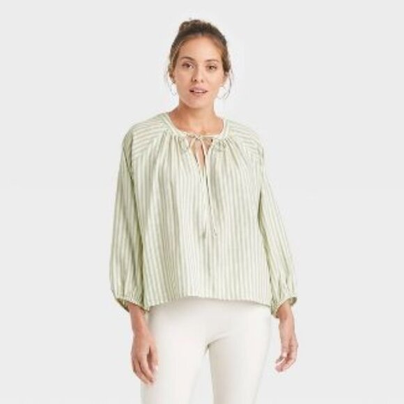 NWT A New Day Light Green Striped M Ragland Long Sleeve Tie Front Top - Picture 1 of 7